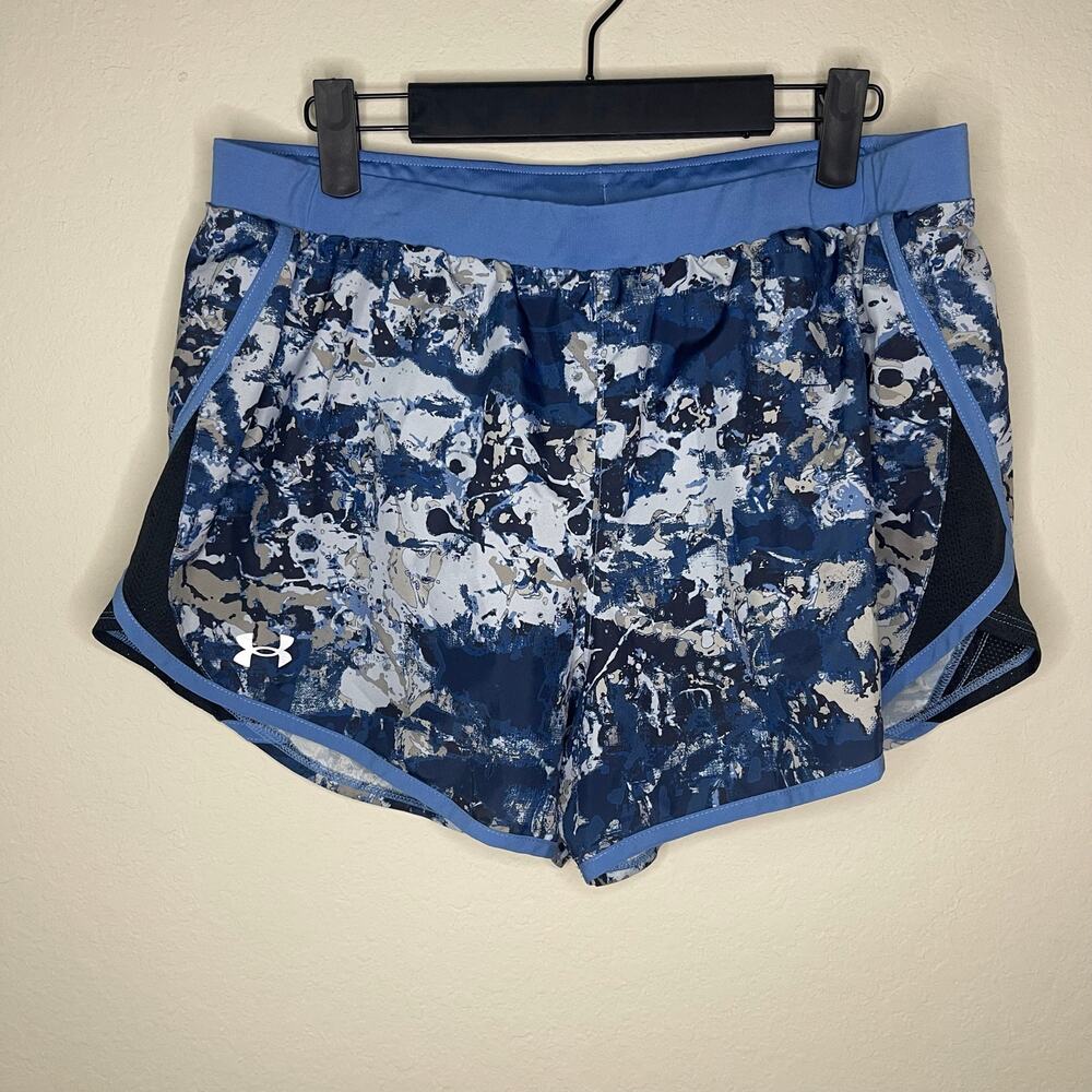 Under Armour Womens Fly By 2.0 Printed Running Shorts Blue White - Size L